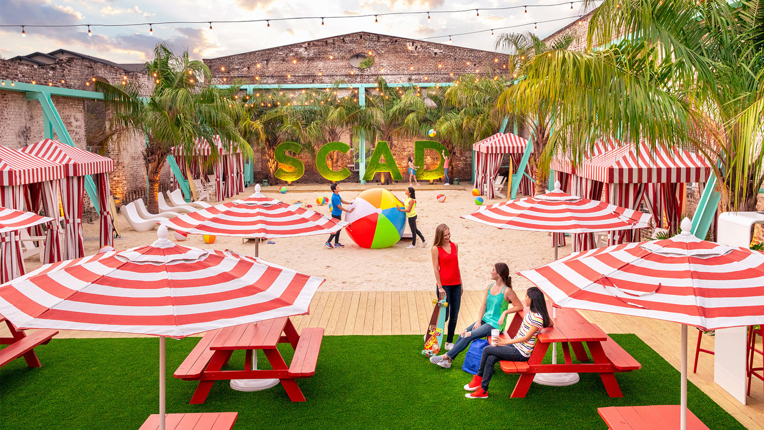 Hotel, Resort, Shelter, Outdoors, Person, Summer, Bench, Play Area, Jeans, Skateboard