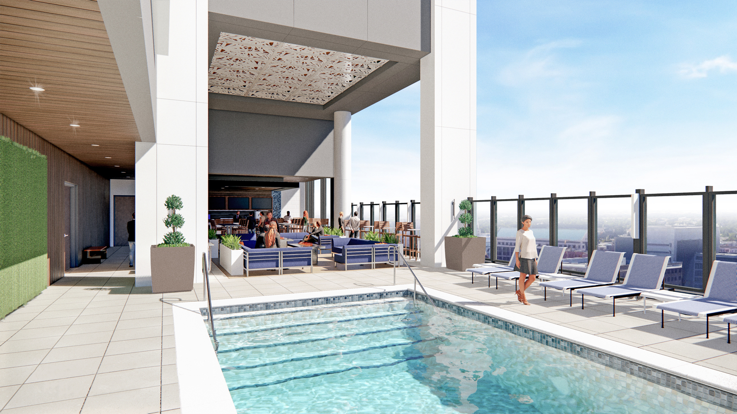 Water, Person, Pool, Swimming Pool, Building, Hotel, Resort, Furniture, Chair, Bench