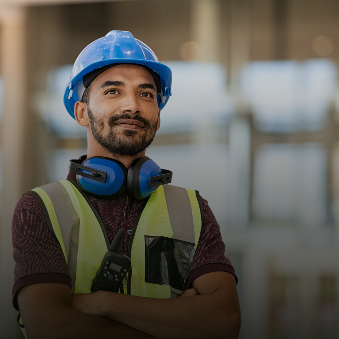 Hardhat, Helmet, Person, Worker, Adult, Male, Man, Headphones, Vest, Face