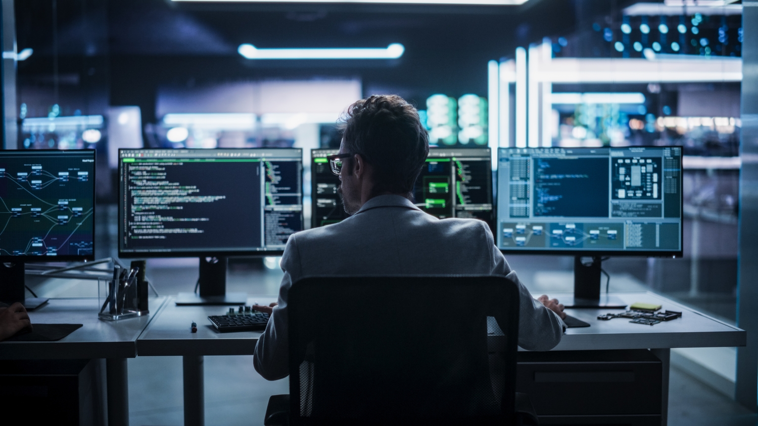 Adult, Male, Man, Person, Chair, Glasses, Table, Computer Hardware, Computer Keyboard, Monitor