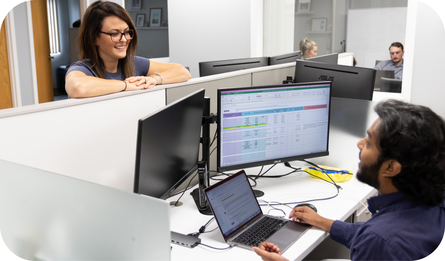 Table, Desk, Glasses, Laptop, Person, Monitor, Adult, Female, Woman, Head