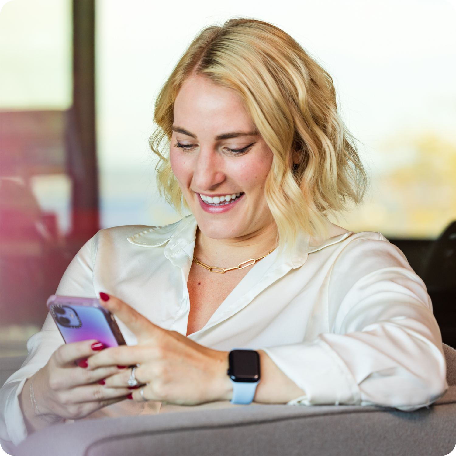 Adult, Female, Person, Woman, Phone, Mobile Phone, Blonde, Smile, Finger, Wristwatch
