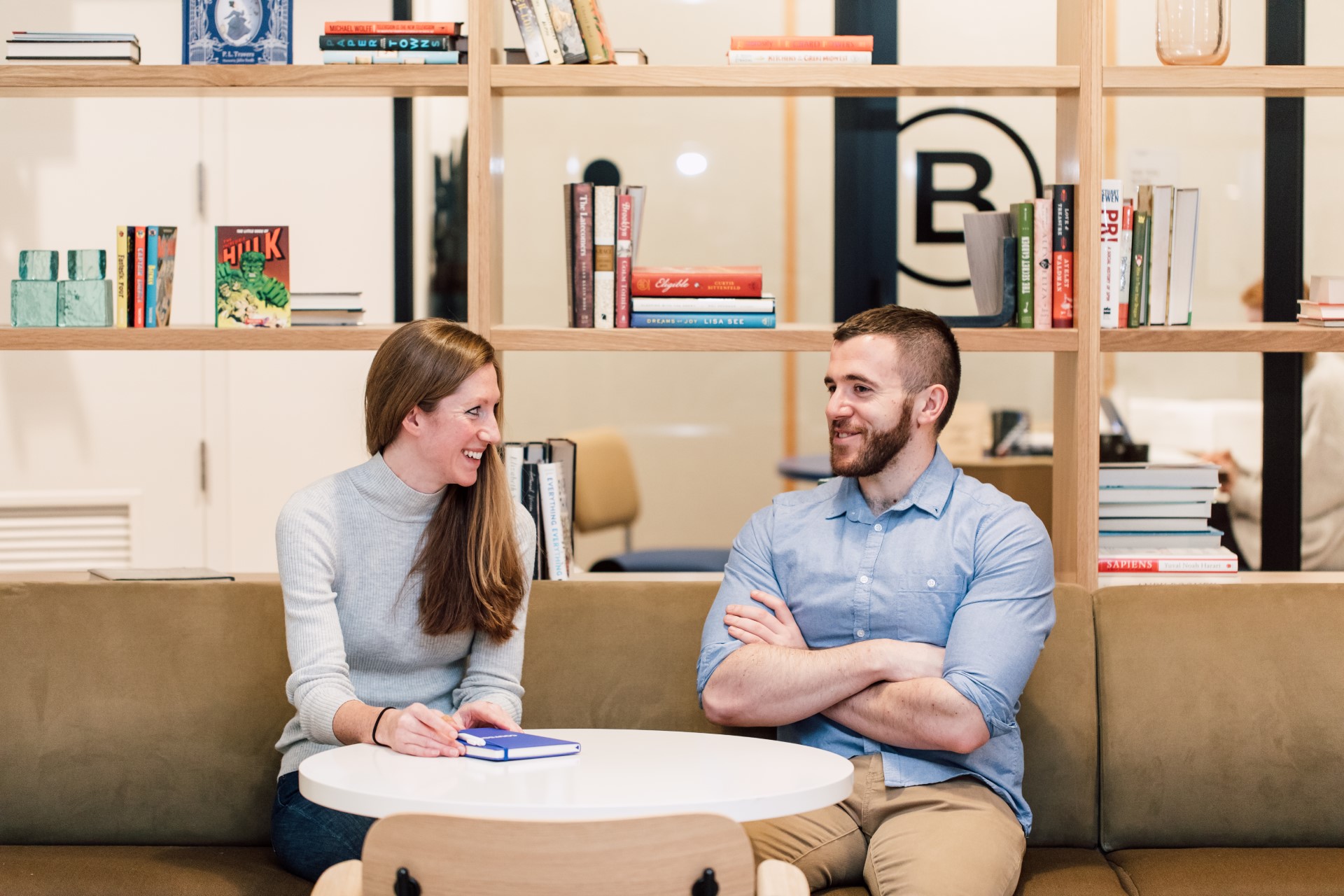 Conversation, Person, Adult, Female, Woman, Male, Man, Head, Face, Furniture