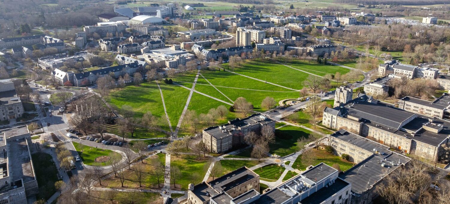 Arial photo of the Drillfield on the Blacksburg campus