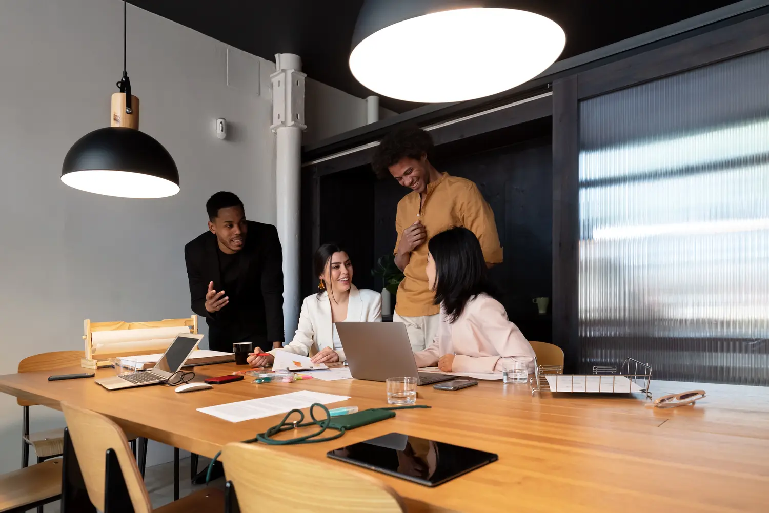 Adult, Female, Person, Woman, Male, Man, Lamp, Mobile Phone, Laptop, Chair