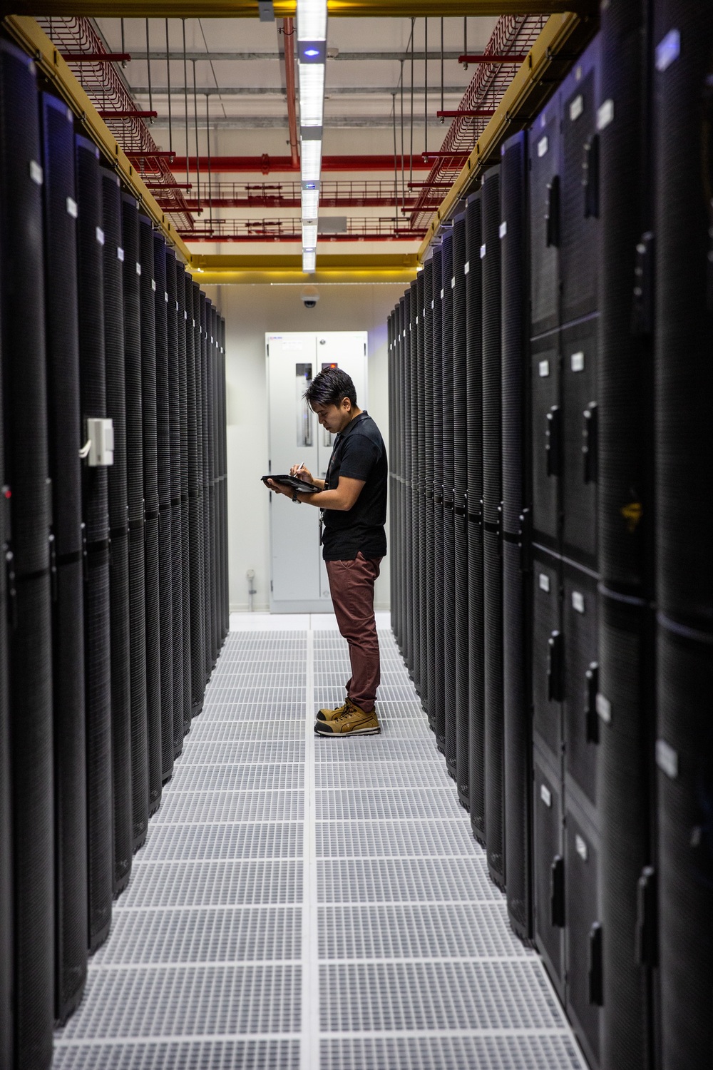 Computer, Electronics, Hardware, Adult, Male, Man, Person, Building, Server, Shoe