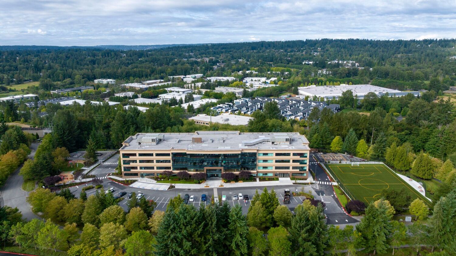 Building, Campus, Outdoors, Tree, Vegetation, Nature, Woodland, Aerial View, Grass, Fir