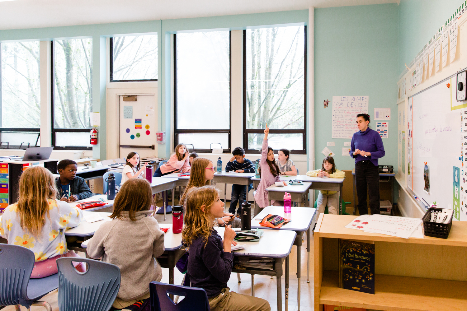 Building, School, Child, Female, Girl, Person, Classroom, Chair, Shoe, Glasses