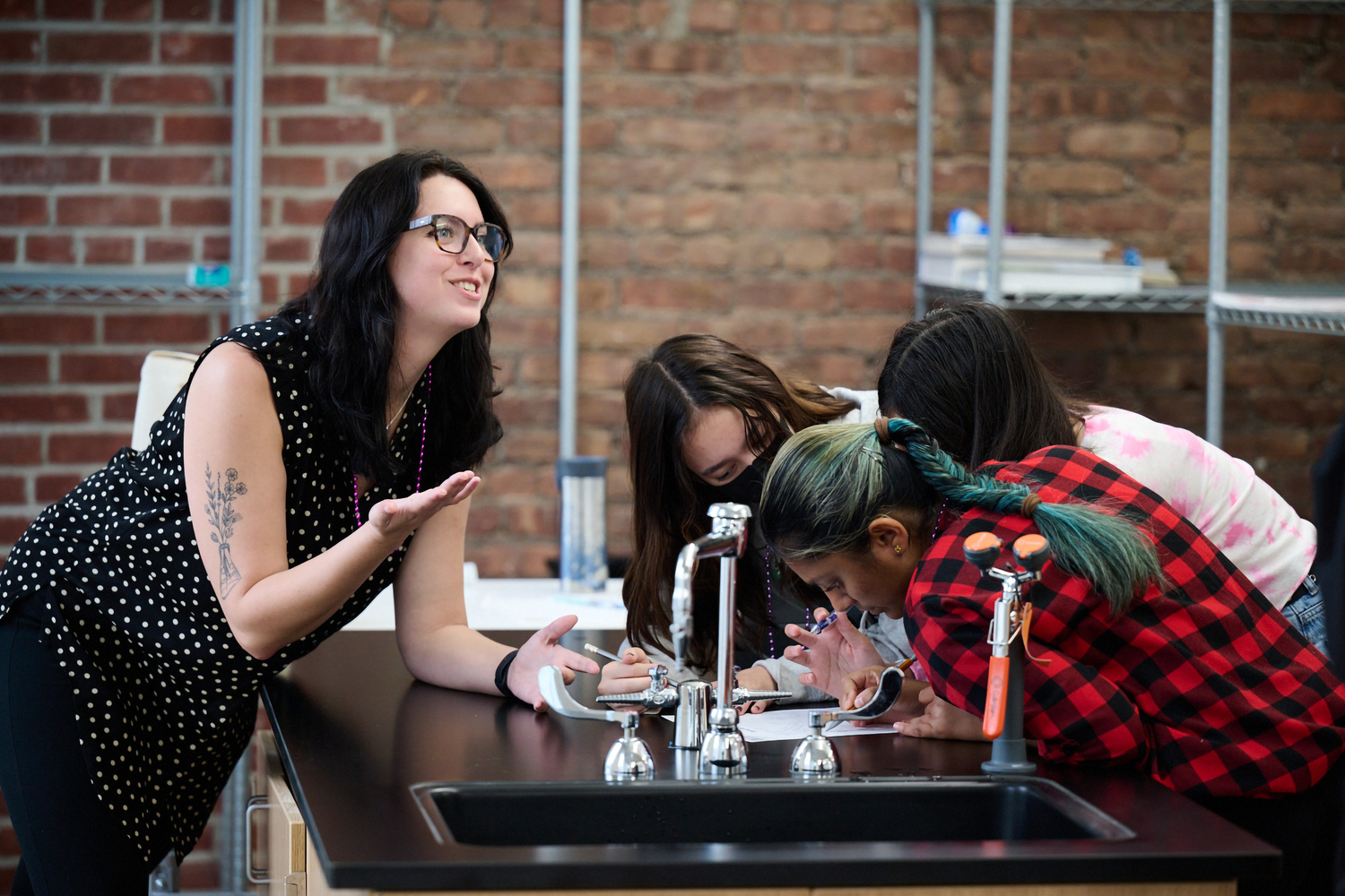 Adult, Female, Person, Woman, Glasses, Restaurant, Hand, Brick, Face, Laboratory
