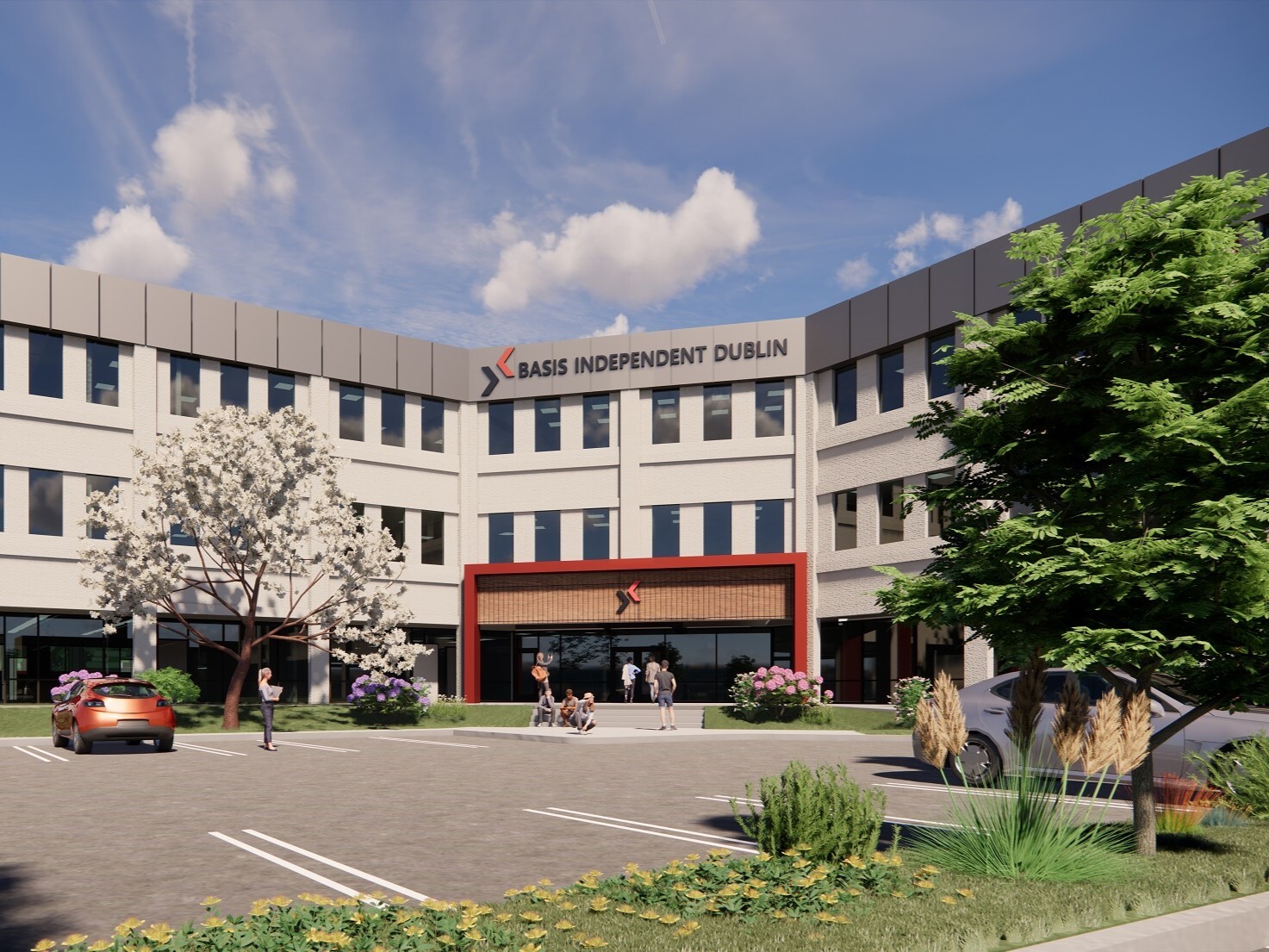 Architecture, Building, Office Building, Person, Car, Vehicle, College, Grass, Plant, City