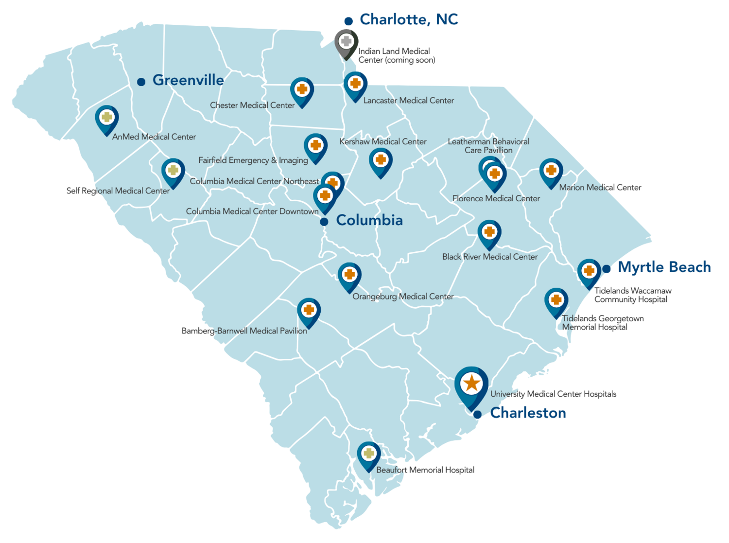 State of South Carolina map graphic featuring MUSC Health's hospital facilities and affiliates across the state.