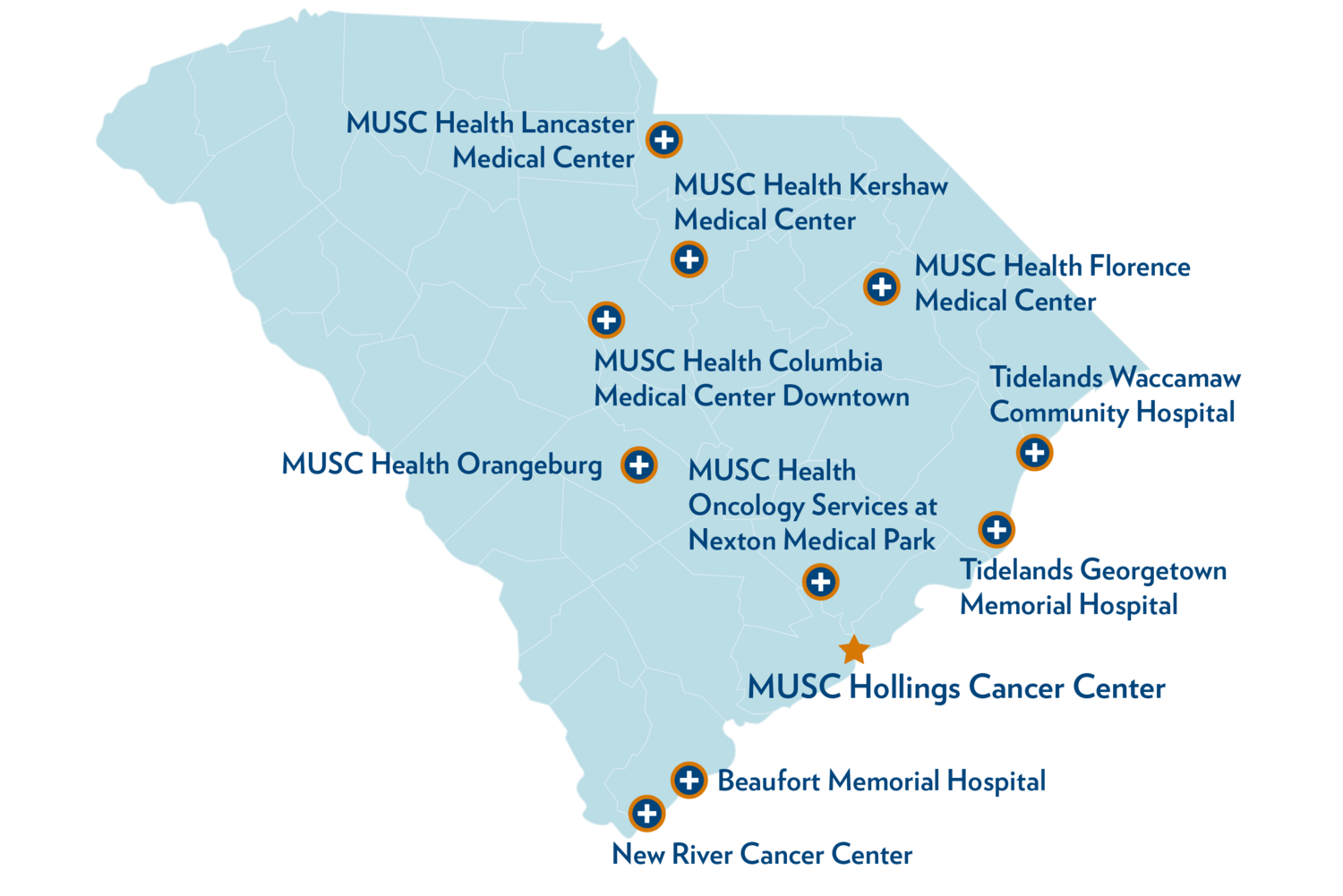 Map of South Carolina featuring Hollings Cancer Network locations