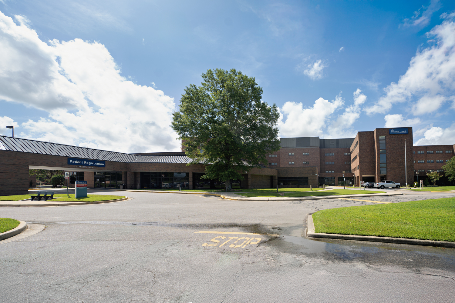 Campus, Office Building, City, Pickup Truck, Road, Car, Intersection, Bench, Person, Urban