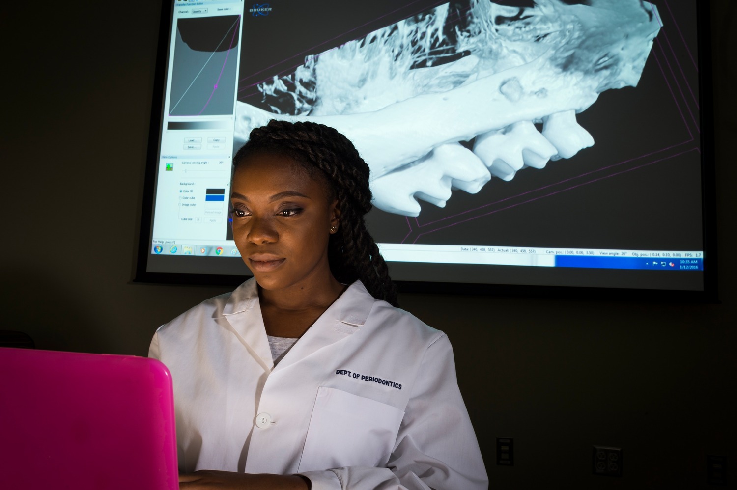 Adult, Female, Person, Woman, Screen, Face, Head, Computer Hardware, Monitor, Chair