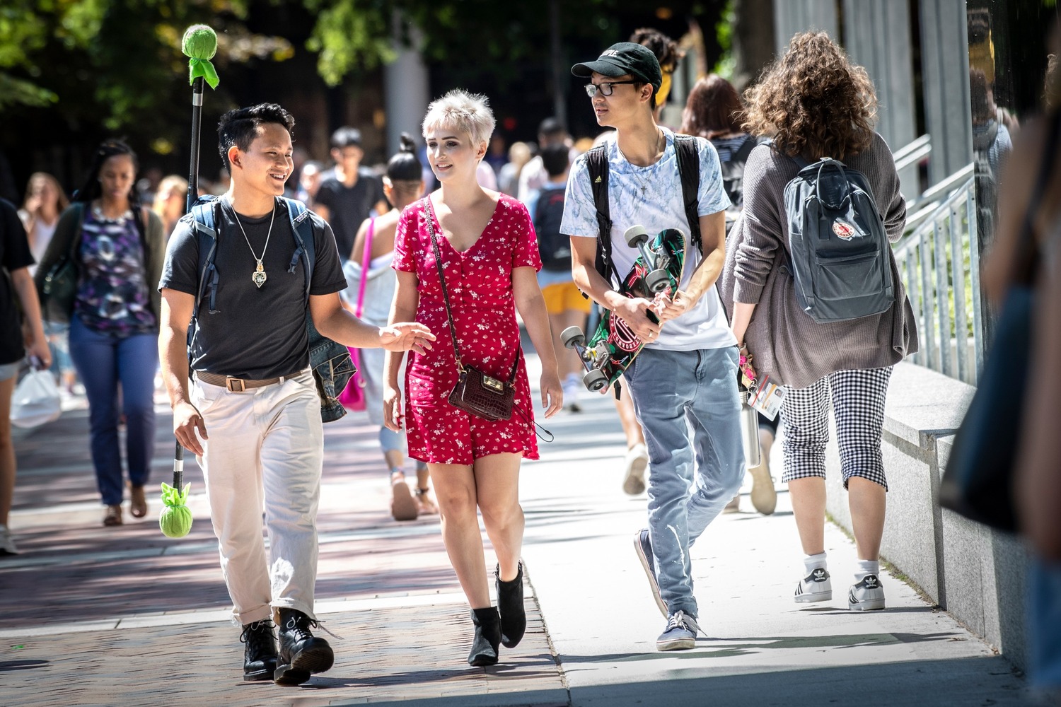 Person, Walking, Pedestrian, Shorts, Boy, Male, Teen, Handbag, Necklace, Helmet