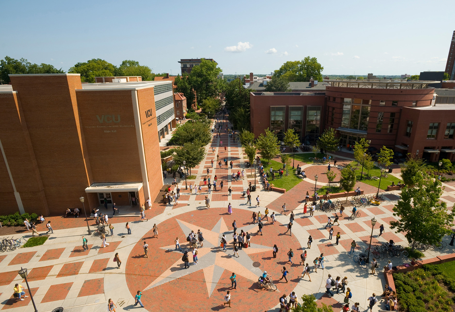 City, Urban, Downtown, Building, College, Person, Walkway, Campus, Bicycle, Street