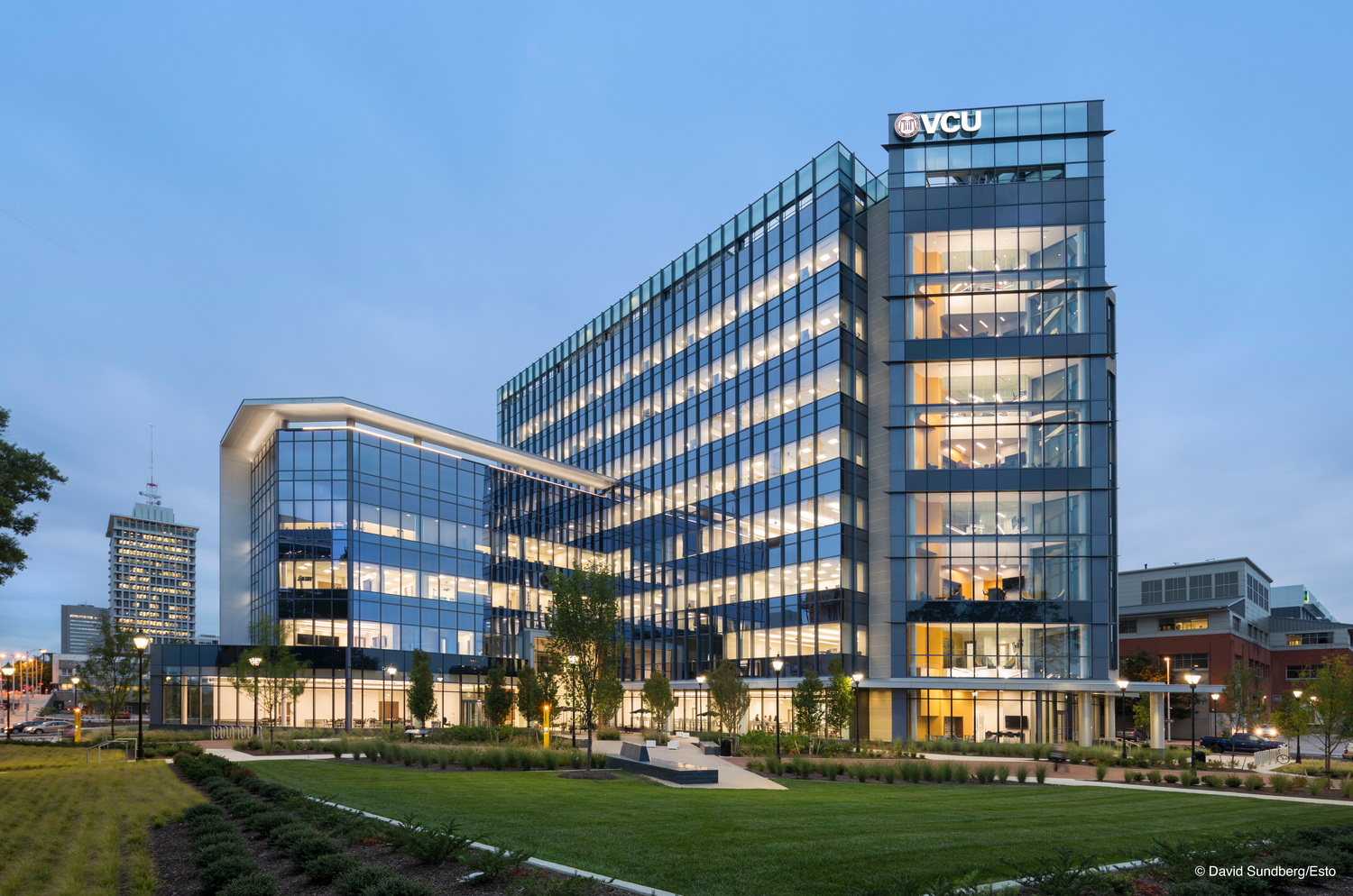 Building, Office Building, Campus, City, Grass, Building Complex, Urban, Person, Car, Lawn