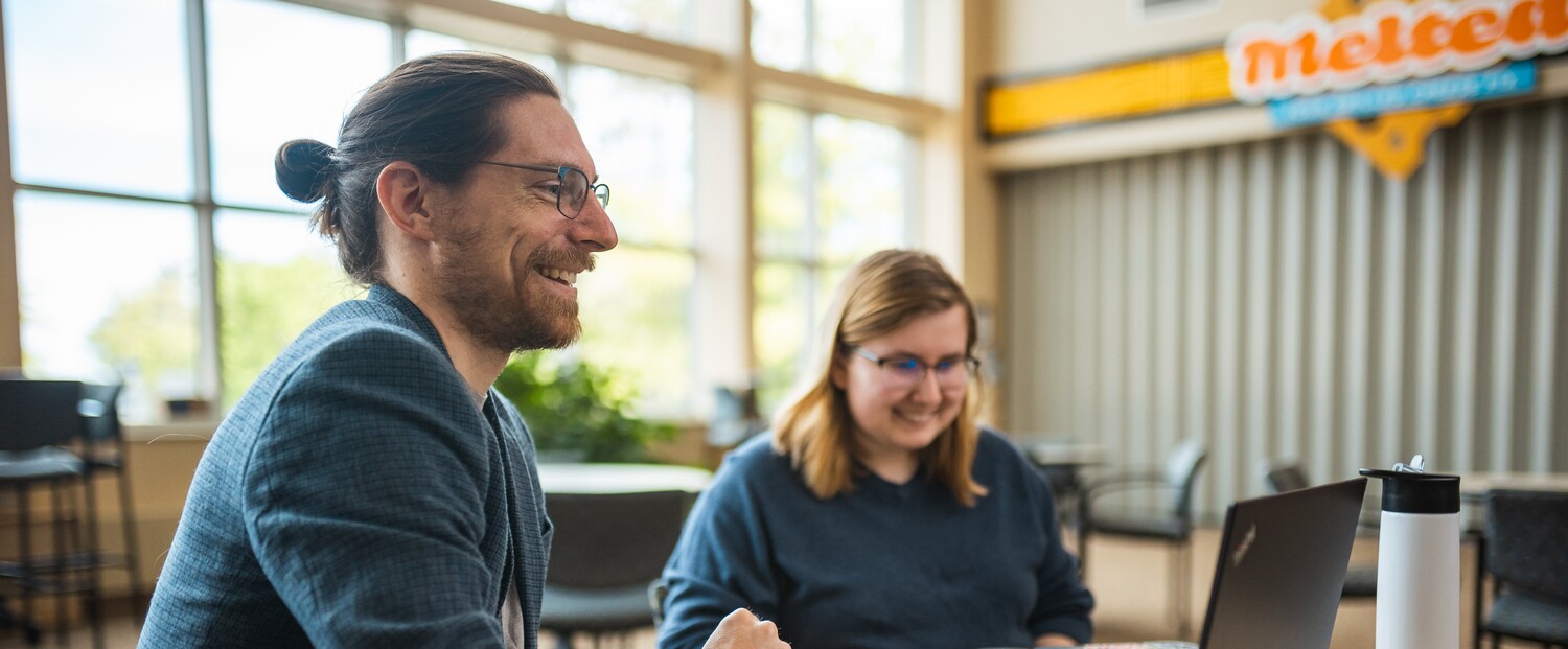 Adult, Male, Man, Person, Female, Woman, Glasses, Conversation, Laptop, Smile
