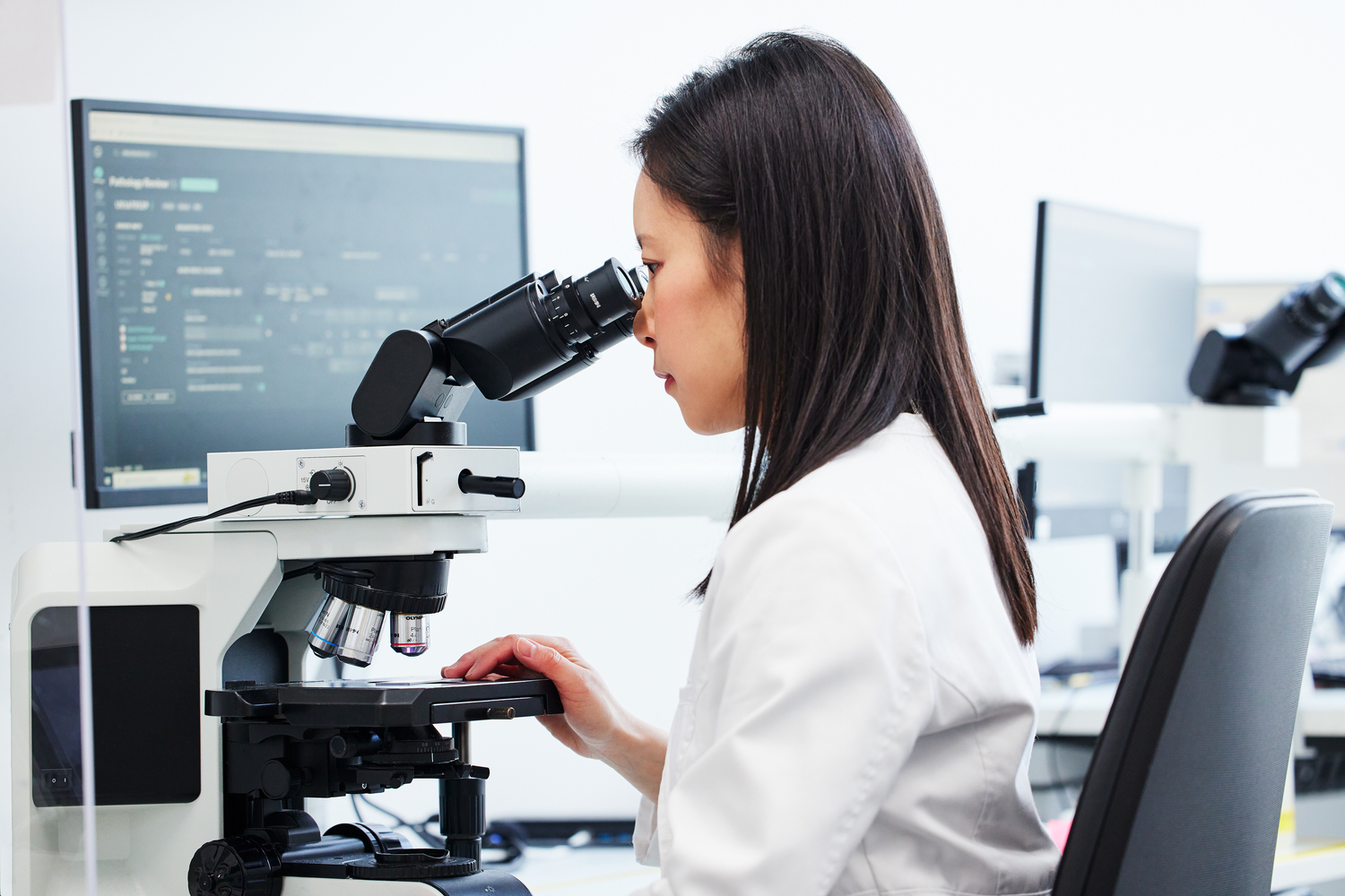 Adult, Female, Person, Woman, Scientist, Head, Face, Monitor, Screen, Chair