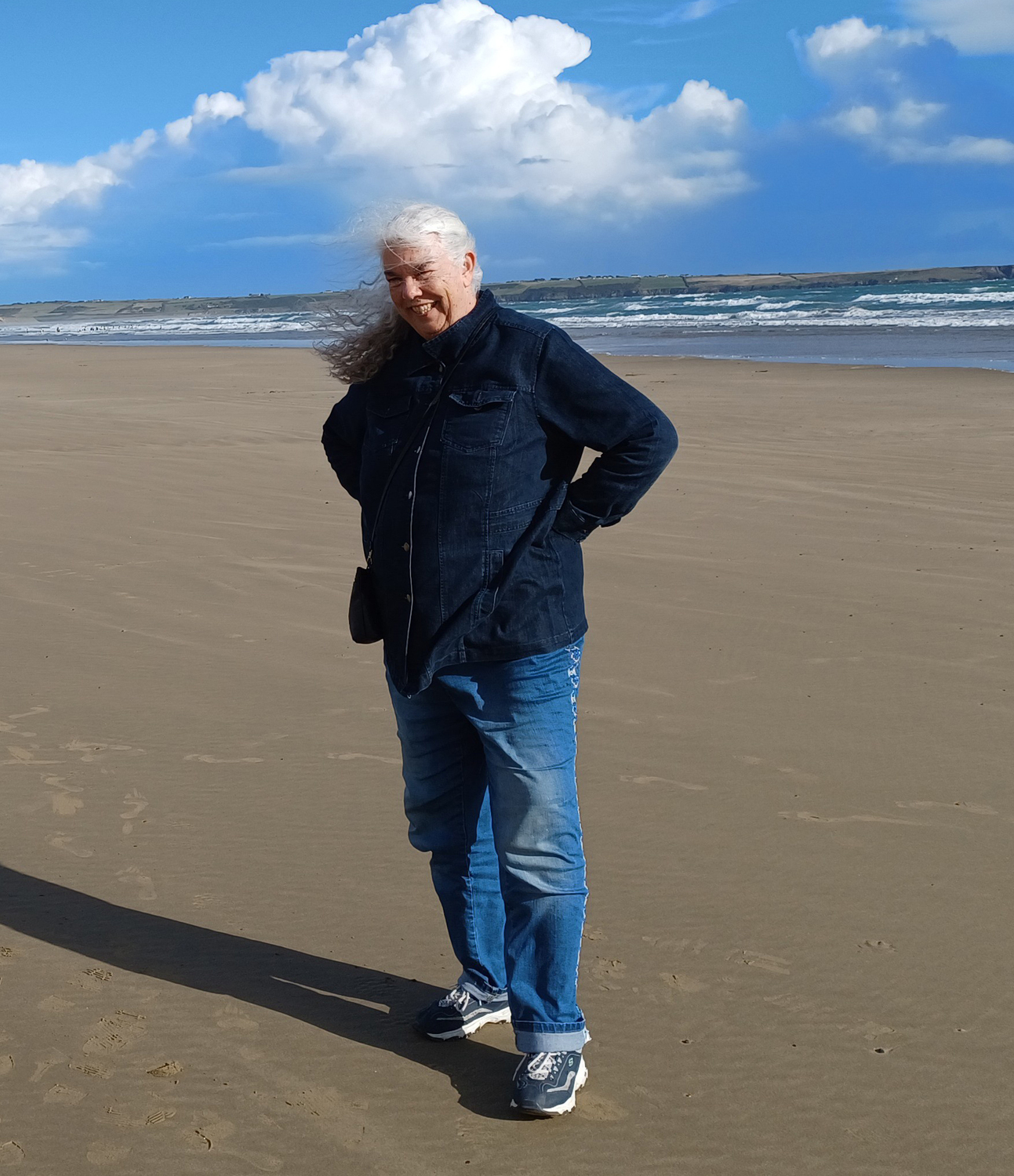 Pants, Jeans, Person, Standing, Jacket, Adult, Male, Man, Beach, Shoe