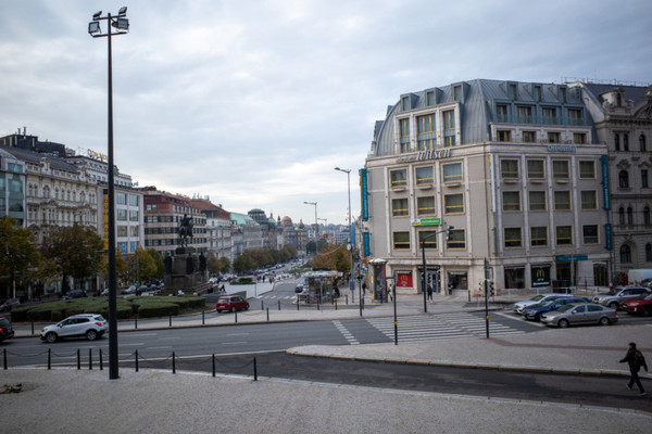 Road, Intersection, Car, Person, Tarmac, Urban, Building, City, Street, Downtown