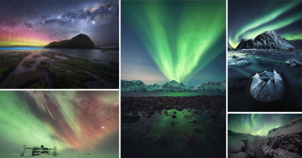 Nature, Outdoors, Night, Aurora, Mountain, Sea, Water, Land, Shoreline, Coast