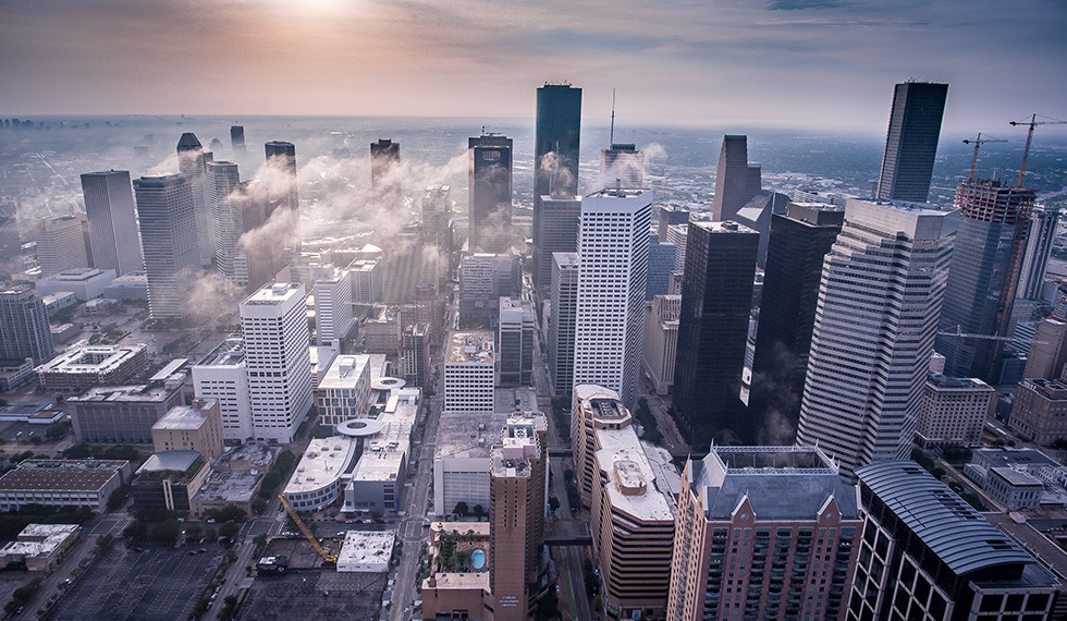 Architecture, City, Downtown, High Rise, Skyscraper, Metropolis, Urban, Building, Aerial View, Office Building, Nature, Landscape, Outdoors, Scenery, Smoke