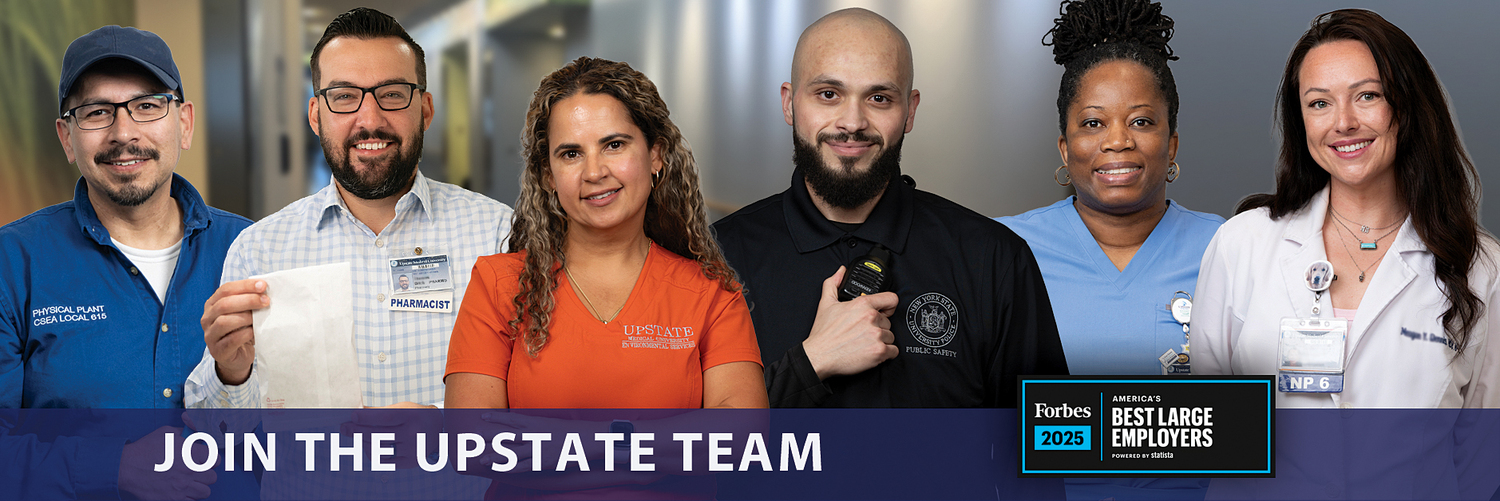 Image of smiling employees. Banner text: Join the Upstate Team! Forbes 2025 Best Employers